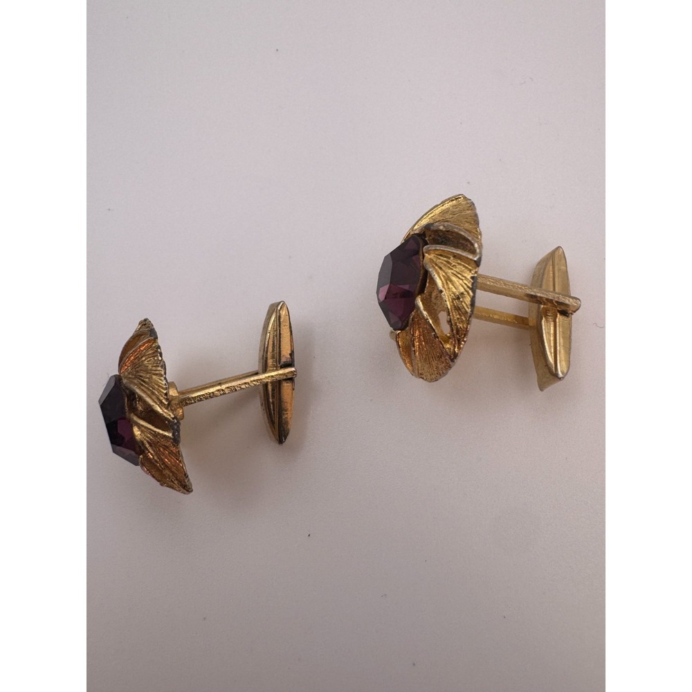 Vintage Brutalist Cufflinks Mid Century Gold Tone Swirl Purple Rhinestone - Picture 5 of 9